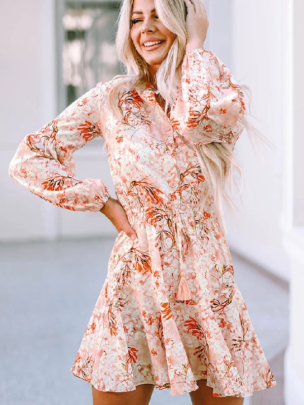 Printed Button-Up Long Sleeve Dress Formal floral dresses