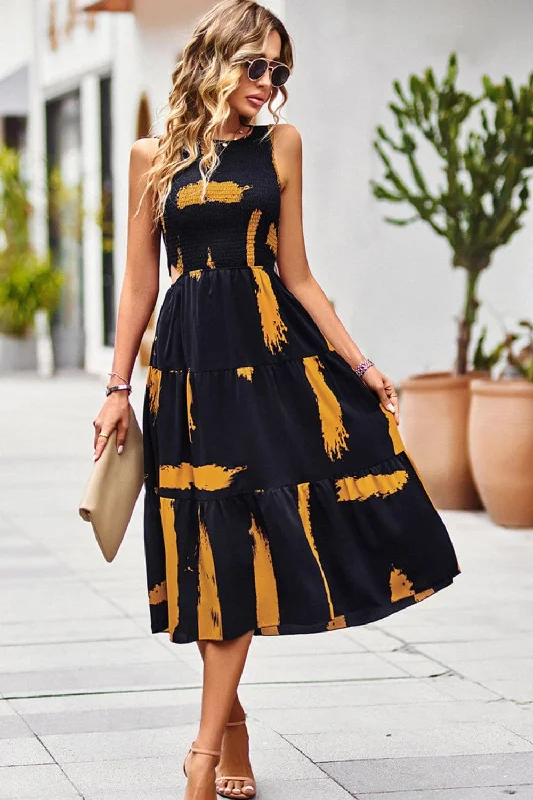 Printed Round Neck Slit Sleeveless Dress A-line floral dresses