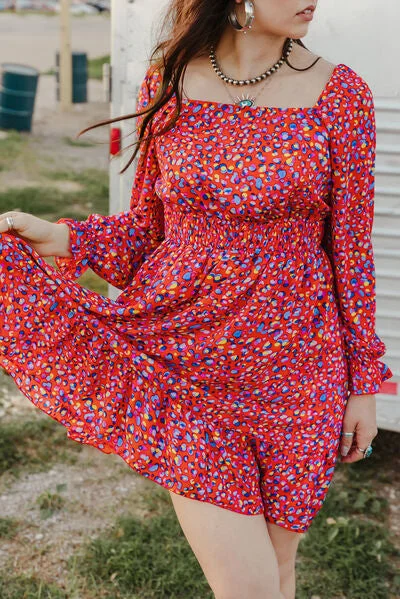 Printed Smocked Flounce Sleeve Dress Knitted floral dresses