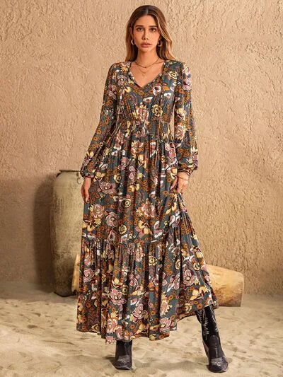 Printed Tie Neck Balloon Sleeve Dress Smocked floral dresses