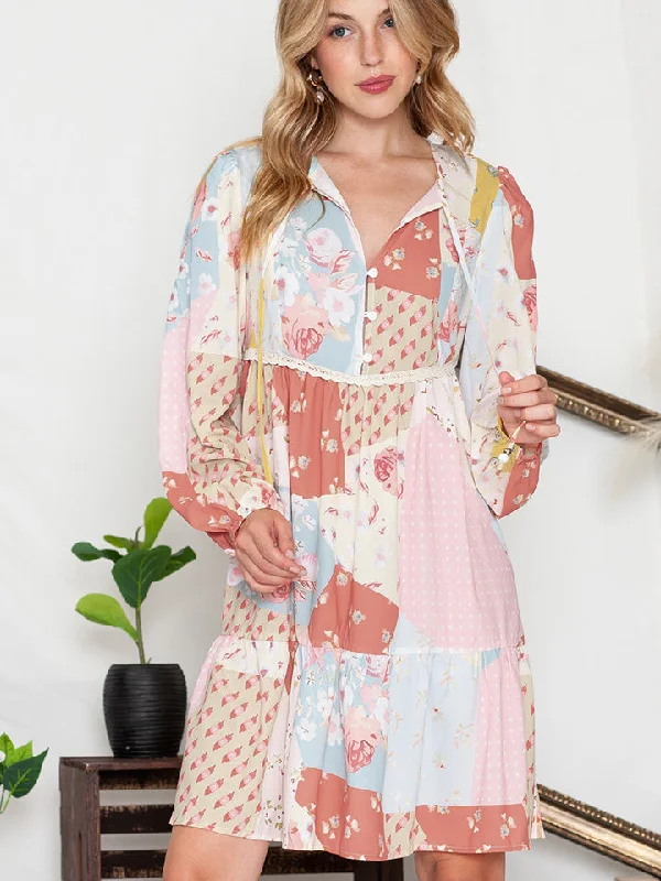 Printed Tie Neck Long Sleeve Dress Fashion-forward floral dresses