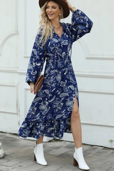 Printed Tied Neck Ruffle Hem Slit Dress Floral dresses under $50