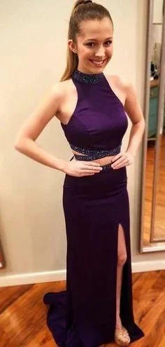 Purple Beaded Sheath 2 Piece Prom Dress with Side Slit, PD2303014 Luxury unclassified dresses