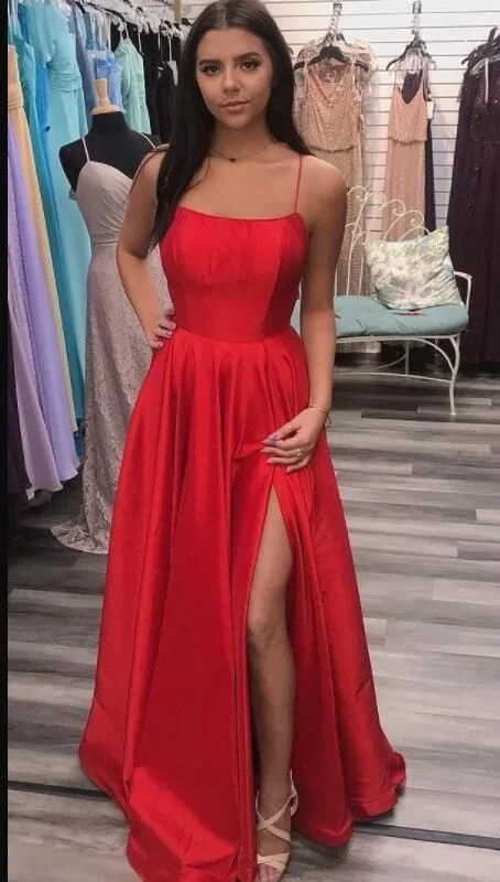 Red A-Line Prom Dress with Side Slit and Spaghetti Straps, PD23030816 Bodycon unclassified dresses