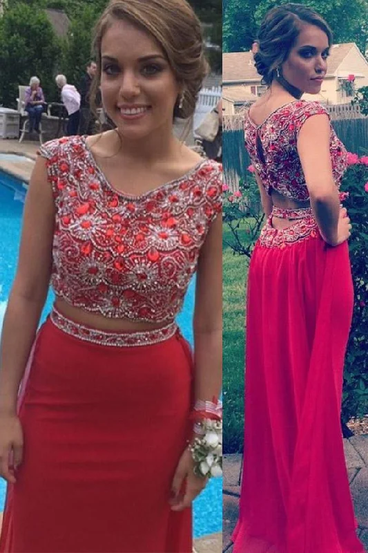 Red Beaded Mermaid Two-Piece Prom Dress, PD23030210 Stretchy unclassified dresses