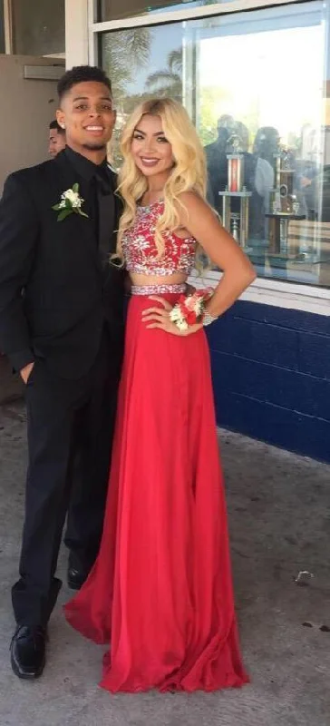 Red Chiffon 2-Piece Prom Dress with Sparkle Detail for Teens, PD23022245 Bold pattern unclassified dresses