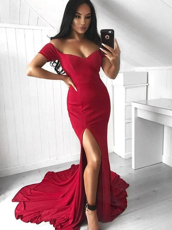 Red Off-the-Shoulder Sweetheart Sheath Prom Dress with Side Slit, PD23050813 Printed unclassified dresses