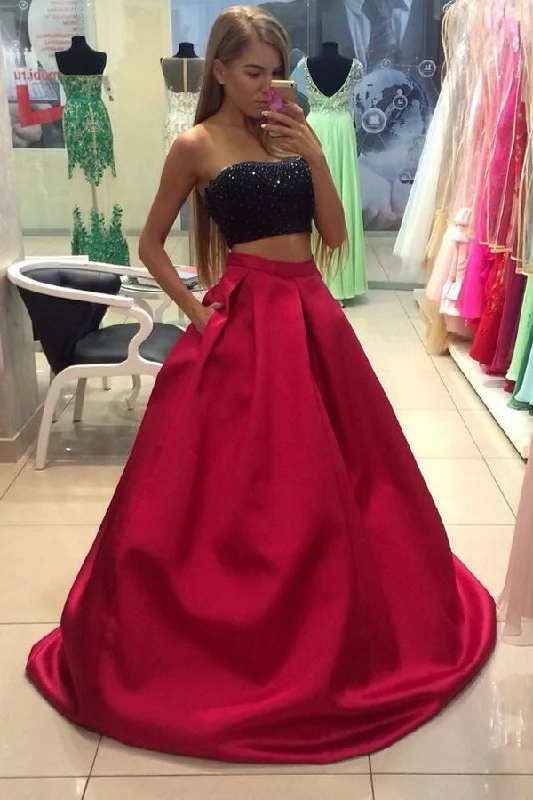 Red Satin Beaded A-Line Two-Piece Prom Dress, PD23030213 Wedding guest unclassified dresses