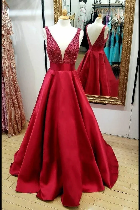 Red V-Neck Backless A-Line Satin Beaded Prom Dress, PD2308255 Elegant evening unclassified dresses