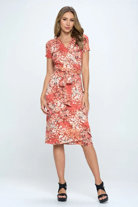 RENEE C Floral Tie Front Surplice Short Sleeve Dress Best floral dresses for hourglass body shape