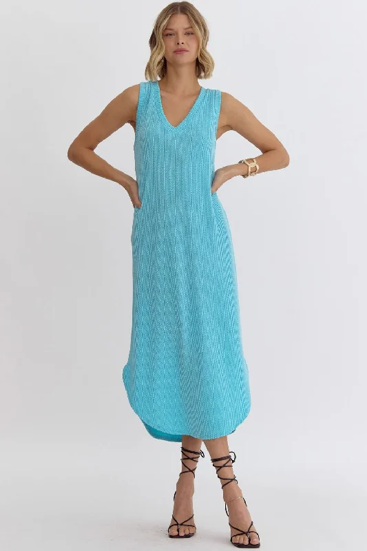 Ribbed Blue Tank Dress High-Waisted Tank Dress