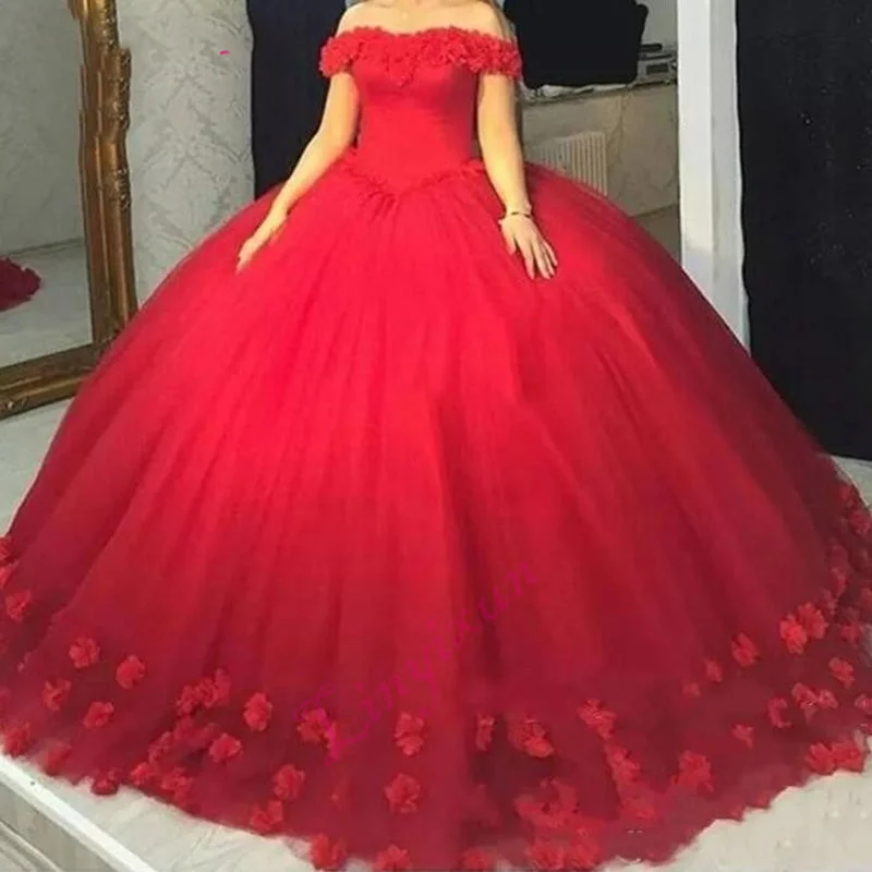 Romantic Red Quinceanera Dress With Handmade Flowers Ball Gown Prom Gown  vestidos de 15 anos Everyday wear unclassified dresses