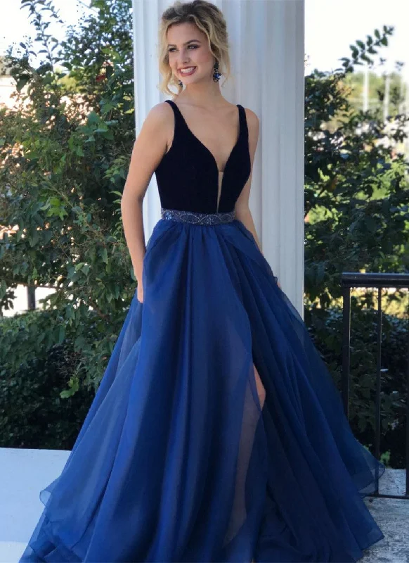 Royal Blue and Black Chiffon A-Line Prom Dress with V-Neck, Side Slit, and Beaded Detail, PD23031516 Plus size unclassified dresses