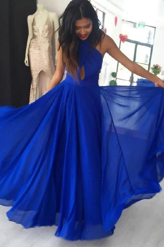 Royal Blue Chiffon Halter Backless A-Line Prom Dress, PD2306056 Unique unclassified dresses