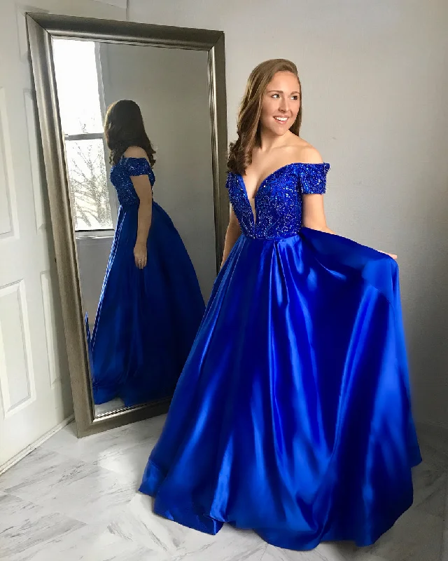 Royal Blue Sweetheart Off Shoulder A-Line Satin Beaded Prom Dress, PD2308256 Dark color unclassified dresses