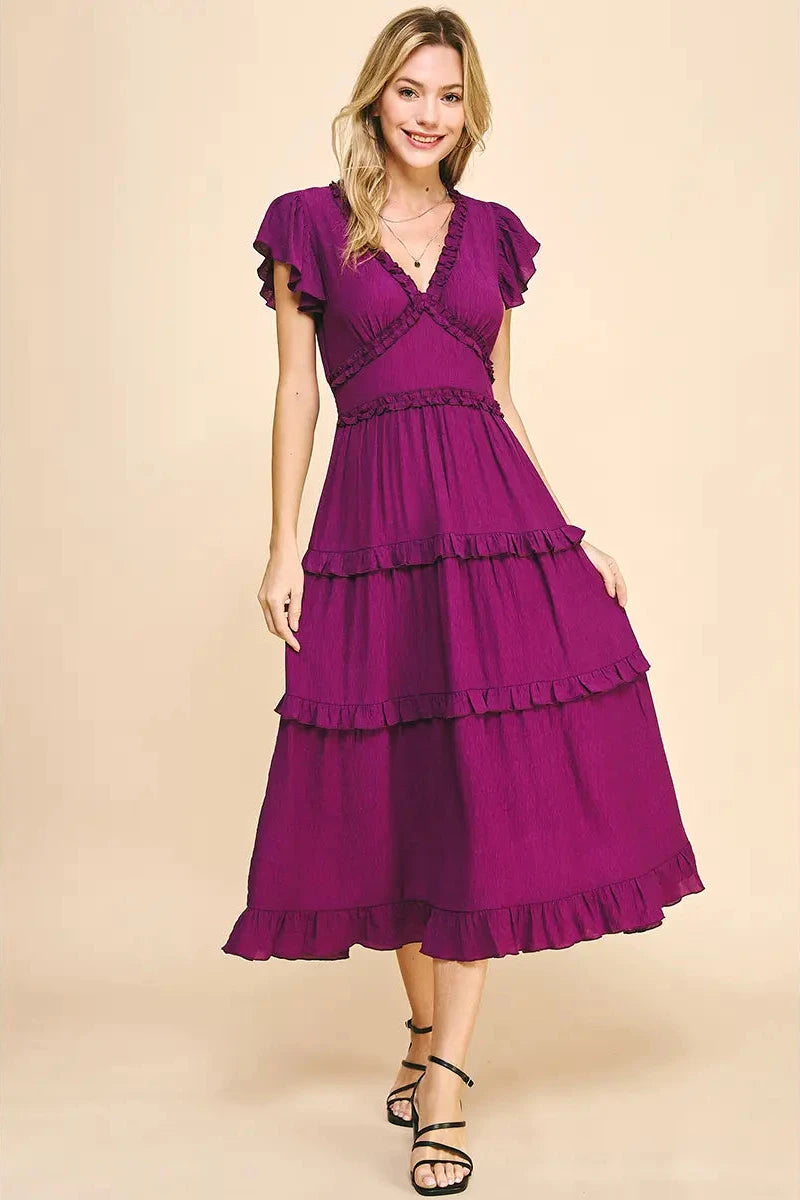 Ruffled Tea Length Dress- Deep Berry Budget-friendly unclassified dresses