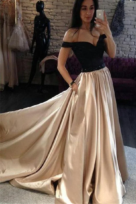 Satin Champagne With Black Off-the-Shoulder A-Line Prom Dress, PD2306058 Vacation unclassified dresses