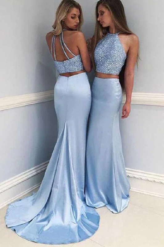 Satin Halter Two-Piece Beaded Sleeveless Prom Dress with Sweep Train, PD2303043 Women's unclassified dresses