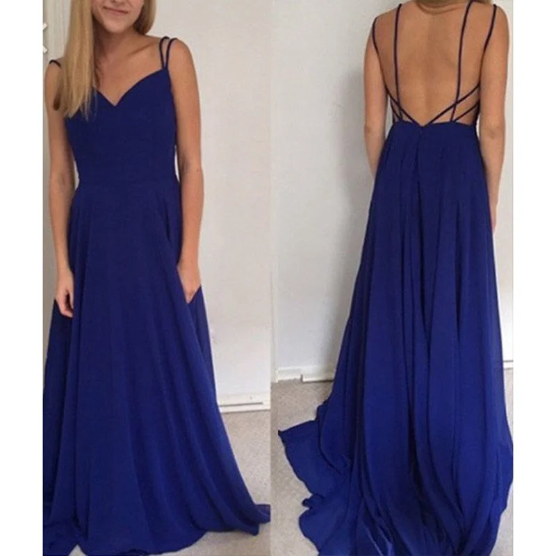 Sexy Backless Spaghetti Straps Royal Blue Prom Dresses Velvet unclassified dresses