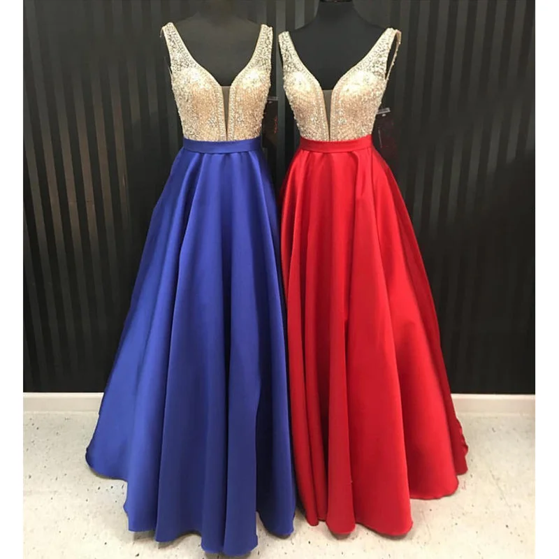 Sexy Double V Neck A Line Satin Prom Dress,Senior Formal Prom Gown for Graduation Bodycon unclassified dresses