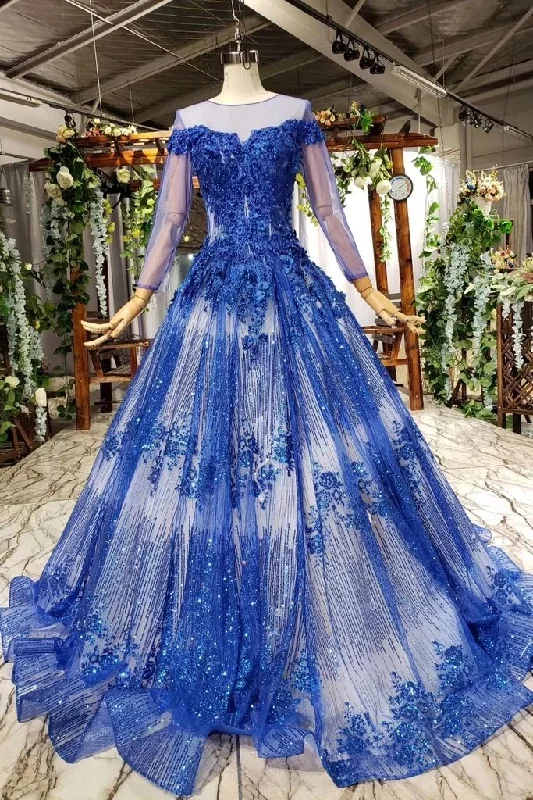 Sheer Neck Blue Ball Gown Prom Dress with Beads, PD23022233 Vintage unclassified dresses