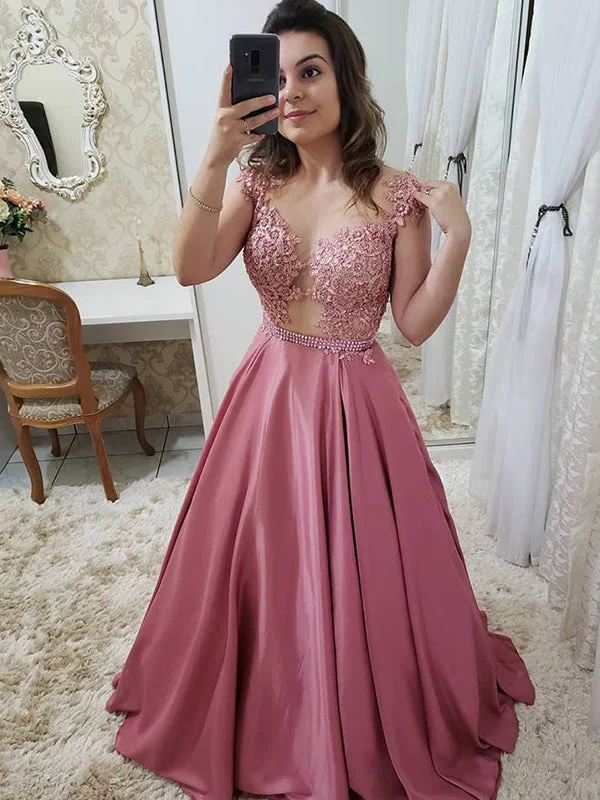 Sheer Scoop Cap Sleeve A-Line Prom Dress with Pleated Appliques, PD23031518 Women's unclassified dresses