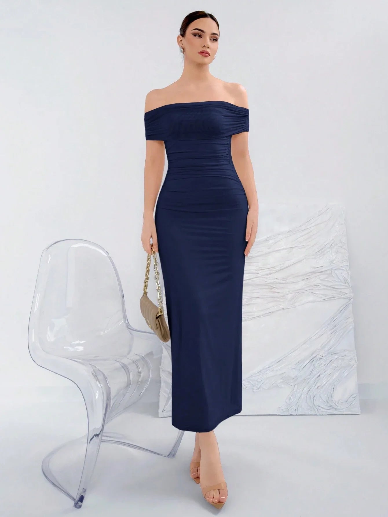 SHEIN Aloruh Solid Color Off-Shoulder Knitted Elegant Summer Dress Wrap unclassified dresses