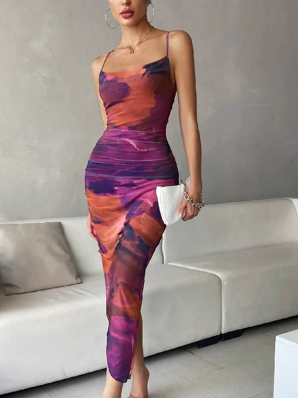 SHEIN BAE Tie Dye Draped Collar Split Thigh Cami Dress Floral unclassified dresses