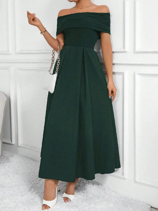 SHEIN Clasi Women Fashion Solid Color Waist-Belted Off-Shoulder Dress Vacation unclassified dresses