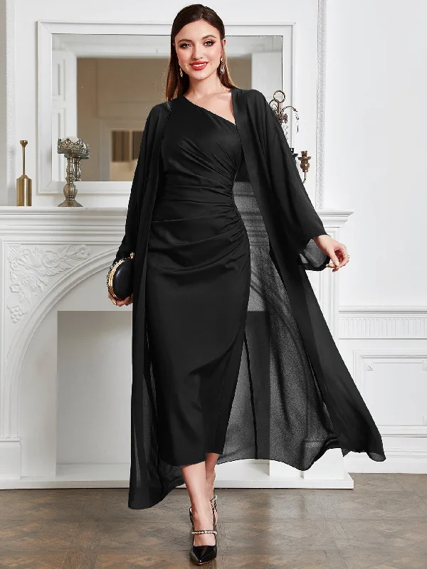 SHEIN Modely Batwing Sleeve Coat & One Shoulder Ruched Dress Party unclassified dresses