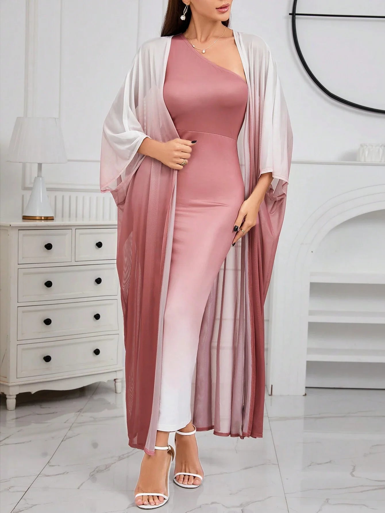 SHEIN Modely Ombre Shoulder Sloping Dress With Coat Evening Dress Gothic unclassified dresses