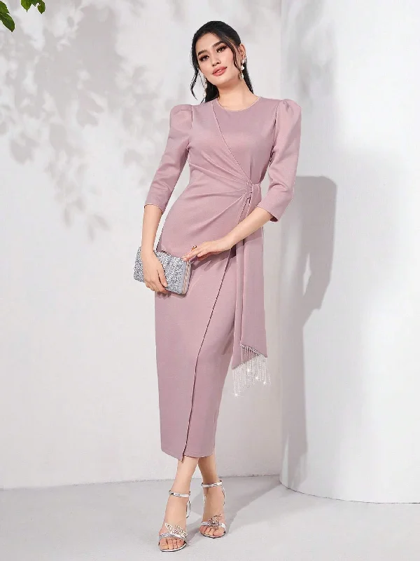 SHEIN Modely Puff Sleeve Draped Side Wrap Hem Dress Stylish unclassified dresses