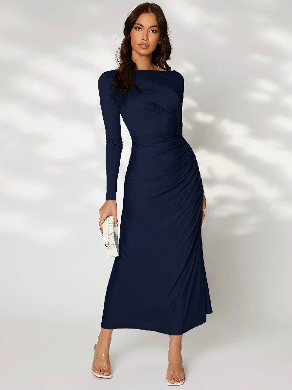 SHEIN Modely Solid Ruched Side Dress Party unclassified dresses