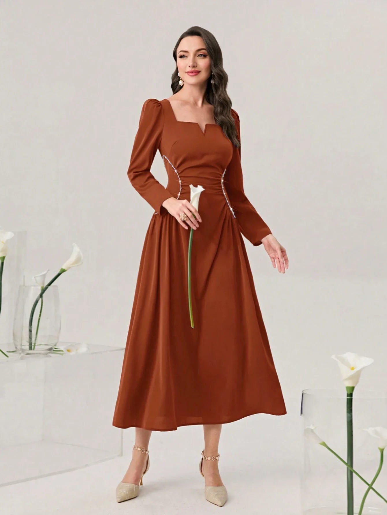 SHEIN Modely Sweetheart Neck Puff Sleeve Ruched Front Formal Dress Metallic unclassified dresses