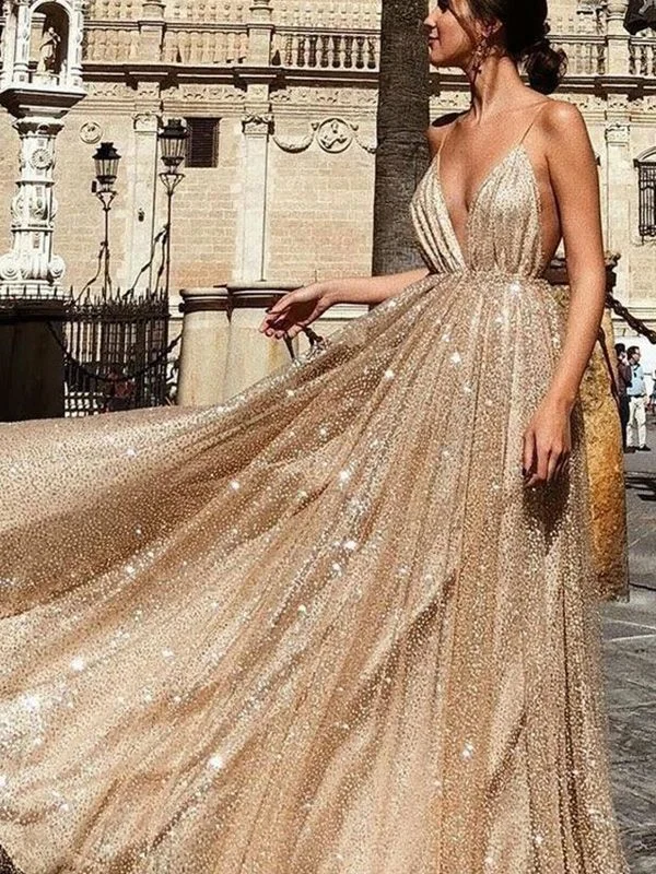 Shiny Champagne A-Line Sweetheart Prom Dresses with Spaghetti Straps and Backless Design, PD23030134 Club unclassified dresses