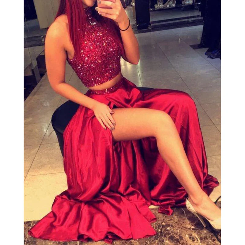 Siaoryne LP0903 High Neck Burgundy Two Pieces Prom Dress Crop Top Evening Formal Gowns Mesh unclassified dresses