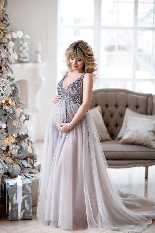 Silver A-Line Maternity Prom Dress with V-Neckline and Beading, PD23030318 Fashionable unclassified dresses