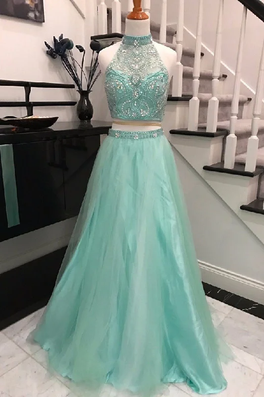 Sky Blue Beaded Halter Two-Piece Prom Dress, PD23030215 Stretchy unclassified dresses