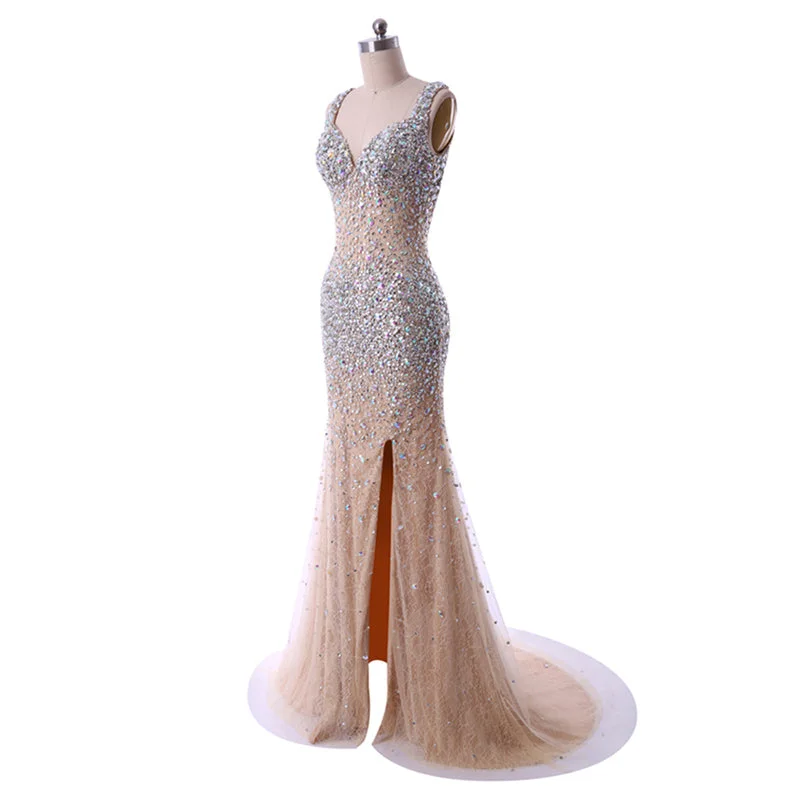 Sparkle Champagne Heavy Beaded Rhinestone Mermaid Prom Dress Girls Pageant Evening Gown Satin unclassified dresses