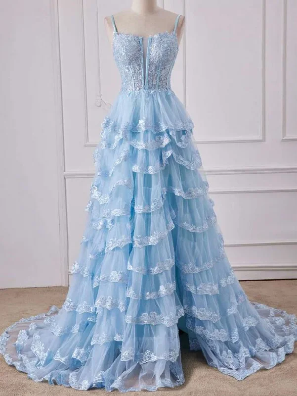 Straps Plunging Neck Light Blue Ruffle Prom Dress with Appliques PC1320 Vintage unclassified dresses