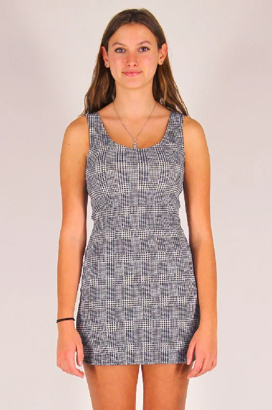 Tank Dress - Stretchy Grey Plaid Ruffled Tank Dress