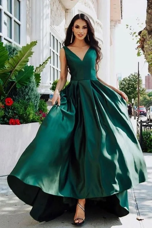 Teal V-Neck High-Low Satin A-Line Prom Dress, PD23030154 Backless unclassified dresses