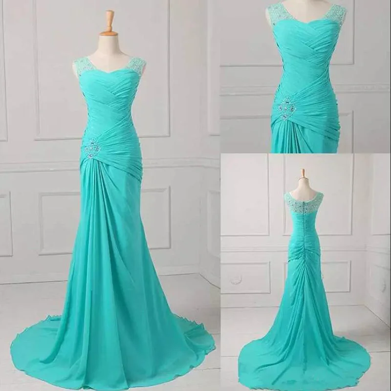 Turquoise Blue Mermaid Chiffon Formal Evening Gown with Beaded Pleated mother of the bride dresses 2018 LP5518 Backless unclassified dresses