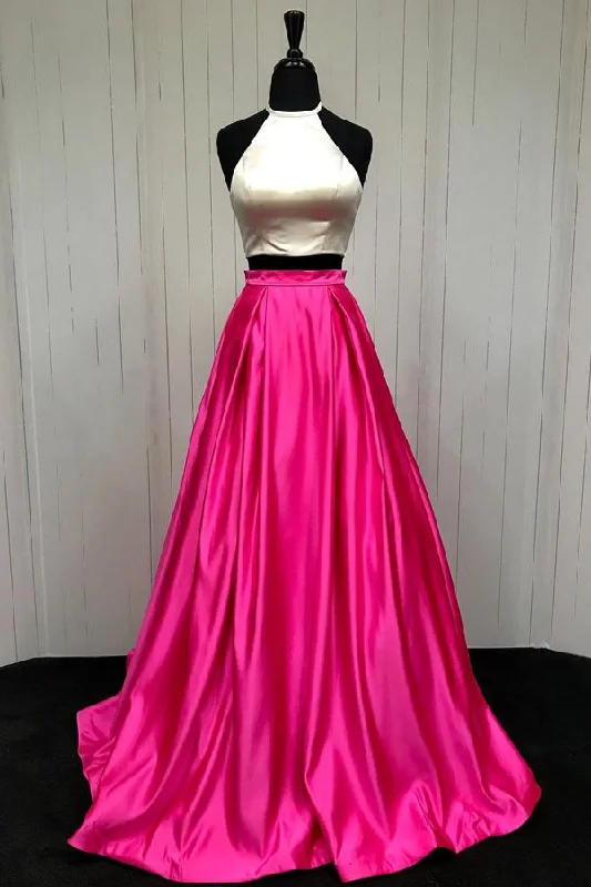 Two-Piece Hot Pink A-Line Halter Prom Dress, PD23030217 Embroidered unclassified dresses