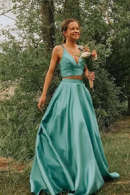 Two-Piece Lake Blue Satin V-Neck Prom Dress, PD23030218 Knitted unclassified dresses