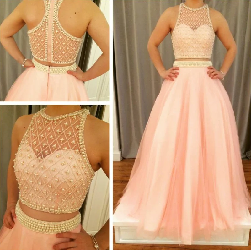 two pieces beaded pink A-line prom dress, PD9669 Chiffon unclassified dresses