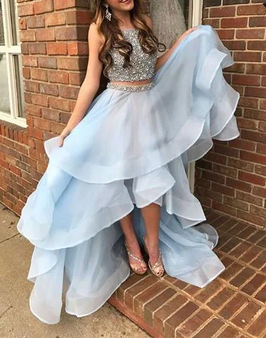 two pieces light blue beaded prom dress, hi-lo prom gown, PD1310 Striped unclassified dresses