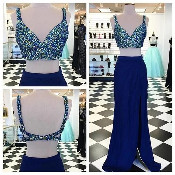 two pieces prom dress, blue prom dress, side slit prom gown, beaded prom dress, popular evening dress, BD153 Stretchy unclassified dresses