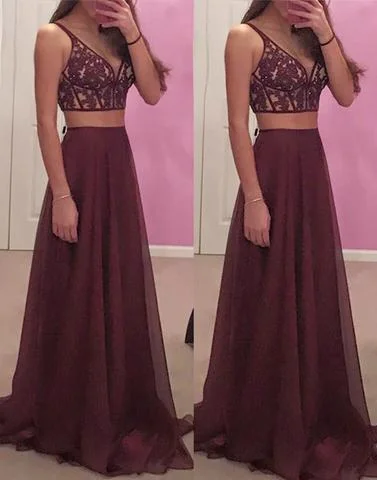 two pieces prom dress, burgundy prom dress, beaded prom dress, prom dress, v-neck prom dress, BD2643 Women's unclassified dresses