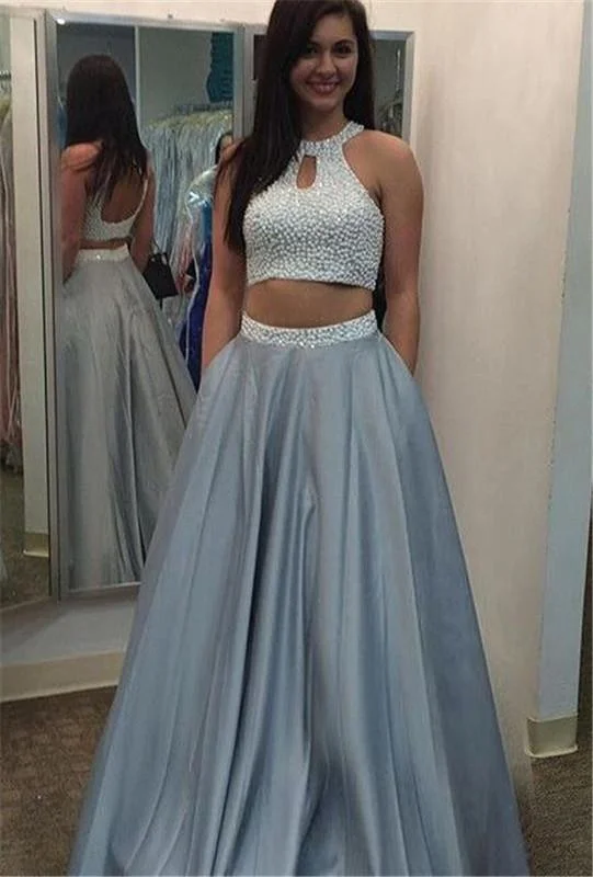 two pieces prom dress, gray prom dress, A-line prom gown, charming prom dress, evening gown, BD146 Halter unclassified dresses